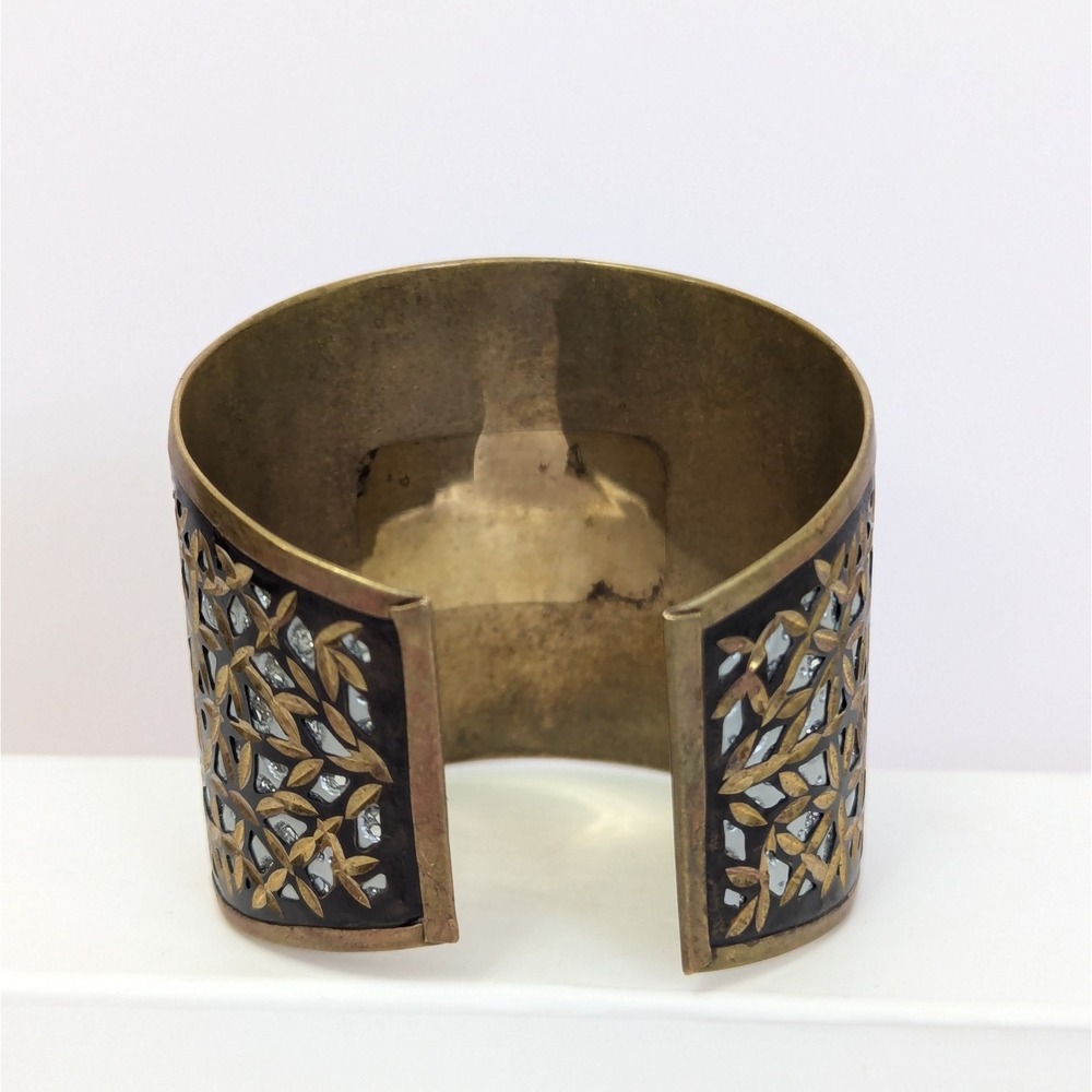 Brass Inlay Cuff Bracelet Metallic Silver Tone Etched Cutout Detail Boho India - Picture 8 of 13
